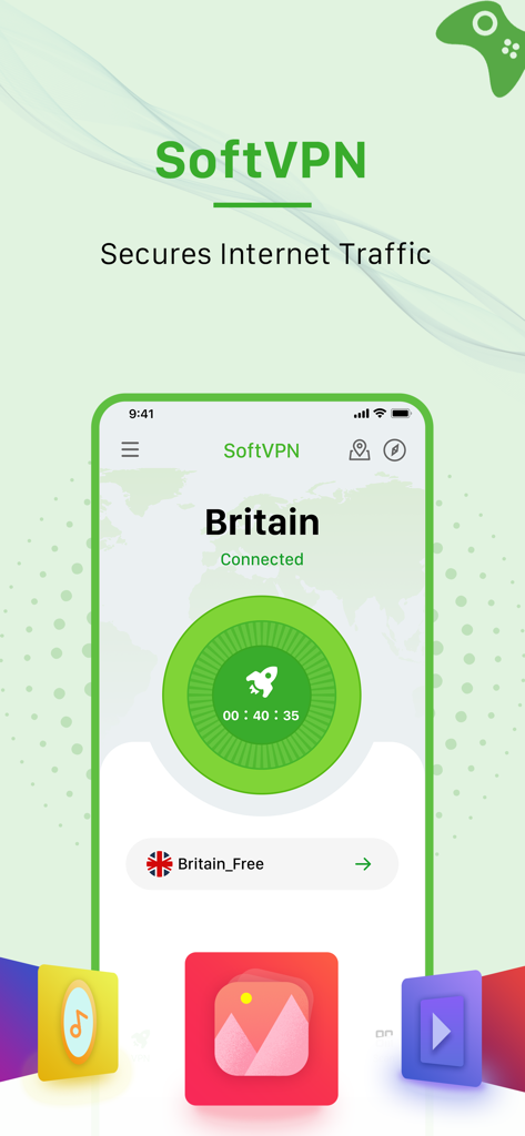 SoftVPN mobile app interface showing a successful connection to a server in Britain
