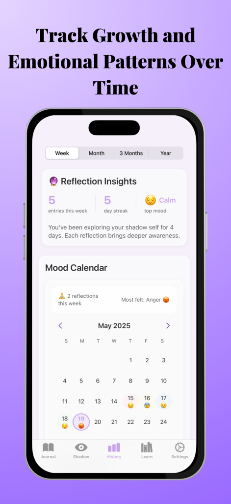 Shadow Work Journal - Interface of the Shadow Work Journal app showing mood calendar and emotional reflection insights.