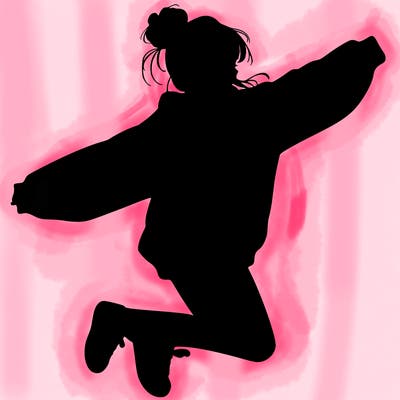 realistic girl jumping with a bun and oversized sweatshirt