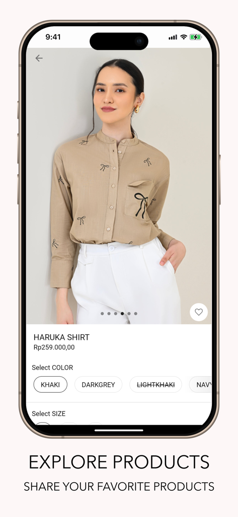 Geulis - Screenshot of the Geulis mobile app showing a product page for the Haruka Shirt with options to select color and size