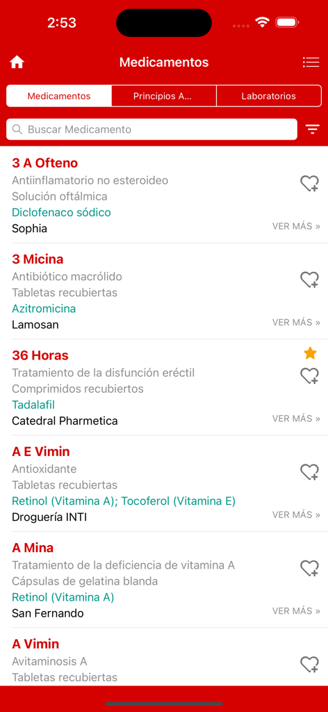 Infomerc Medicamentos - Mobile app screen showing a list of medications with active ingredients and laboratory information in Infomerc Medicamentos