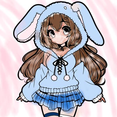 pretty anime girl wearing a fluffy hoodie with bunny ears on the hood and a skirt