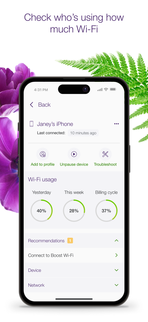 TELUS Connect app interface showing individual device Wi-Fi usage and troubleshooting options