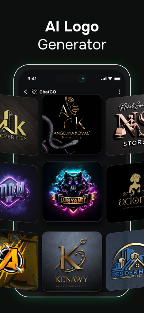 ChatGO: AI Chat 5.0 Assistant - Oberfläche des KI-Logo-Generators innerhalb der ChatGO-App, die verschiedene professionelle Logodesigns für Unternehmen anzeigt