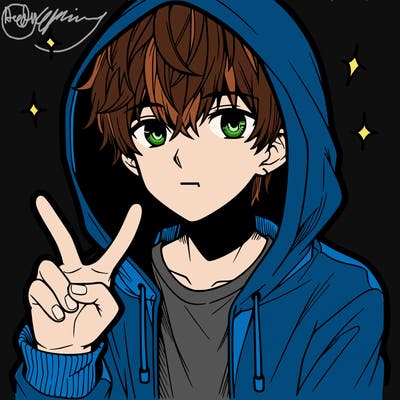 teenage manga boy in a hoodie, doing ✌