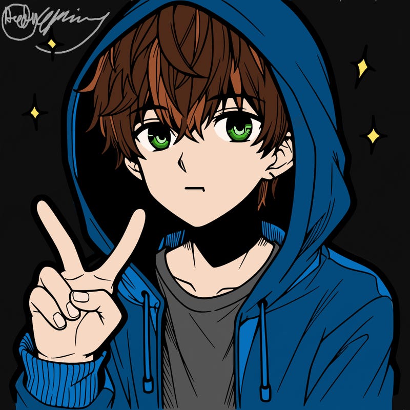 teenage manga boy in a hoodie, doing ✌