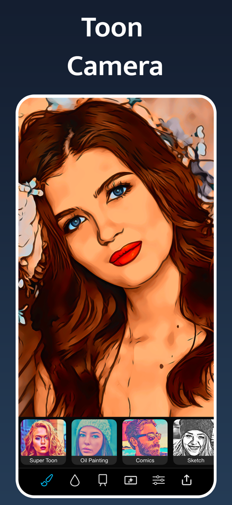 Retrato de una mujer transformado en arte cartoon usando la aplicación de cámara Instant Toon.