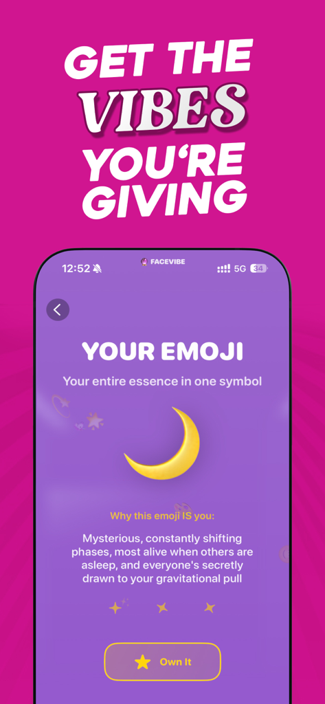 FaceVibe AI - get analyzed - FaceVibe AI app screen displaying a personalized emoji analysis with a crescent moon symbol.