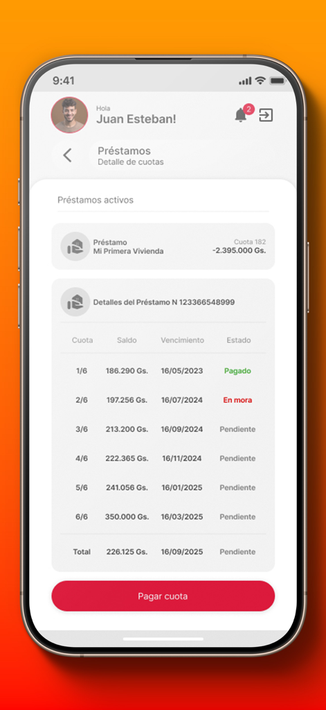 Solar Banco - Solar Banco mobile app interface showing mortgage loan installment details and payment history.