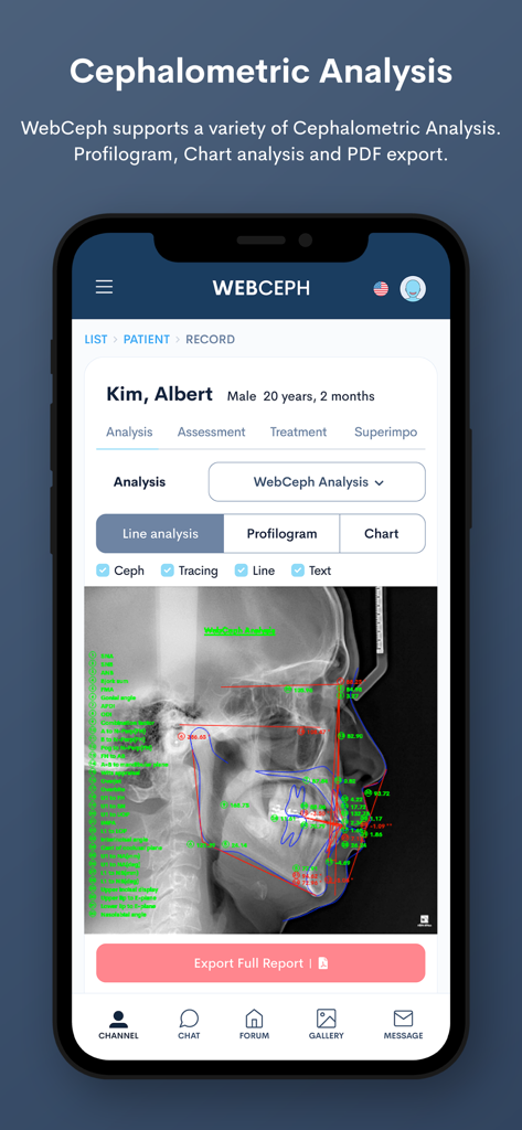 WebCeph - WebCeph mobile app interface showing cephalometric analysis and orthodontic tracing on a patient X-ray