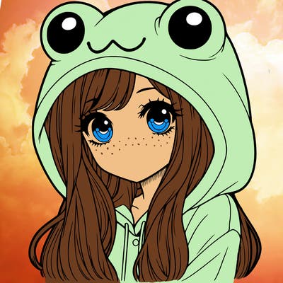a pretty girl wearing a frog hoodie portrait with long hair