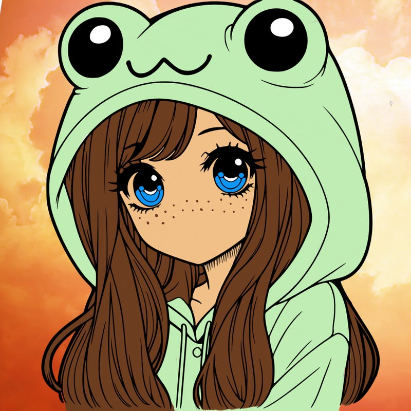 a pretty girl wearing a frog hoodie portrait with long hair