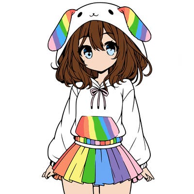 pretty anime girl wearing a fluffy hoodie with bunny ears on the hood and a skirt