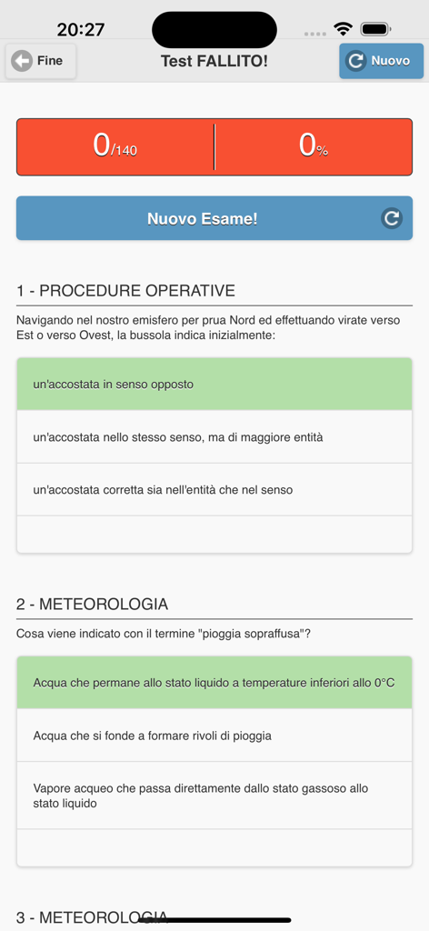 A screen from the Quiz PPLH Italiano app displaying helicopter pilot license exam results and question review.