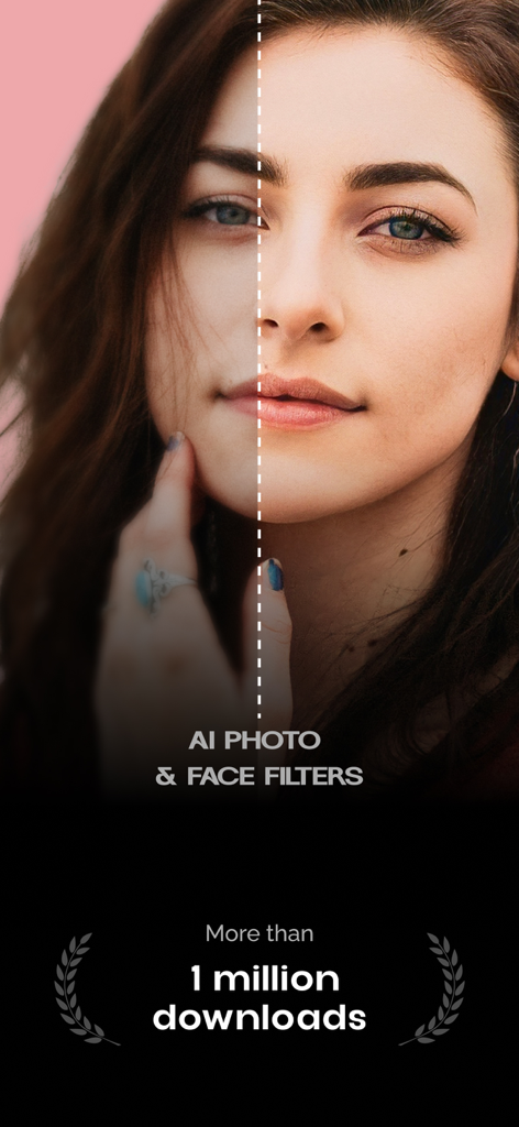 Vorher-Nachher-Vergleich eines Frauengesichts, das KI-Foto-Verbesserung und Gesichtsfilter verwendet