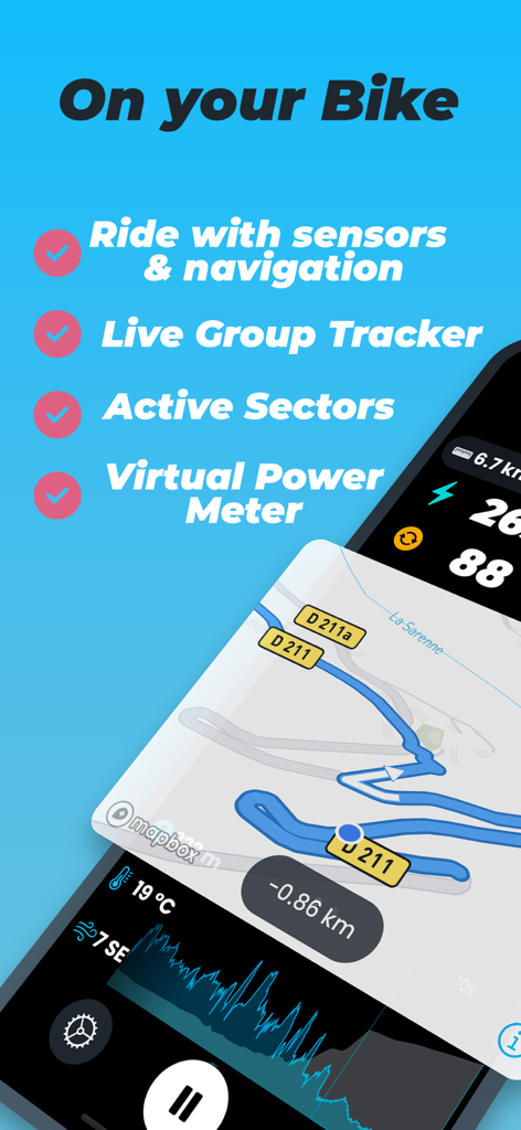 Relevateサイクリングアプリがナビゲーションマップとパフォーマンス追跡機能を示しています