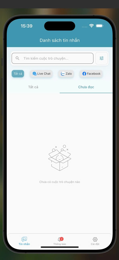 MiChat (MiTek) - MiChat app inbox screen featuring message filters for Live Chat, Zalo and Facebook