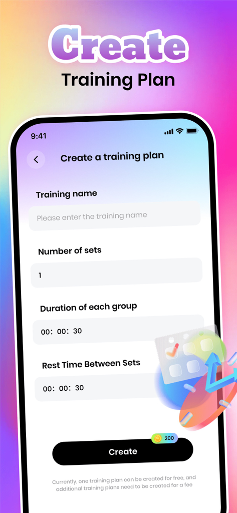 Blimi: Adult Show, Connect - A mobile interface for creating a custom dance training plan in the Blimi app showing fields for sets, duration, and rest time.