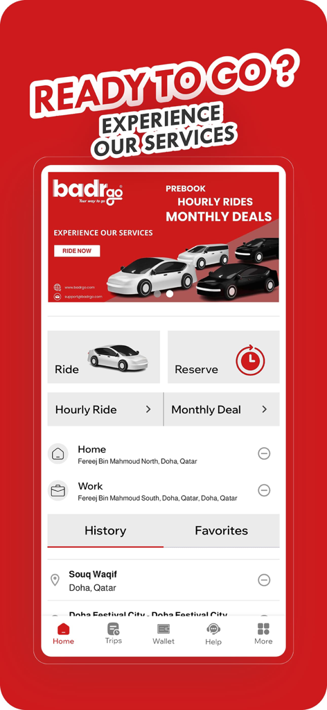 badrgo - Your way to go - Pantalla de inicio de la aplicación de transporte compartido badrgo con reserva de viajes y ofertas mensuales