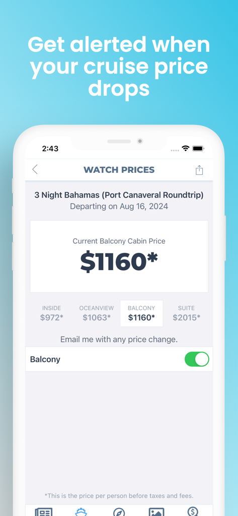 Shipmate: Plan & Track Cruises - Smartphone screen showing the Shipmate app's price alert feature for a Bahamas cruise with cabin pricing for balcony and oceanview rooms