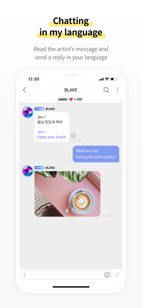 A screenshot of bubble for TOP app showing a translated chat between a K-pop artist and a fan
