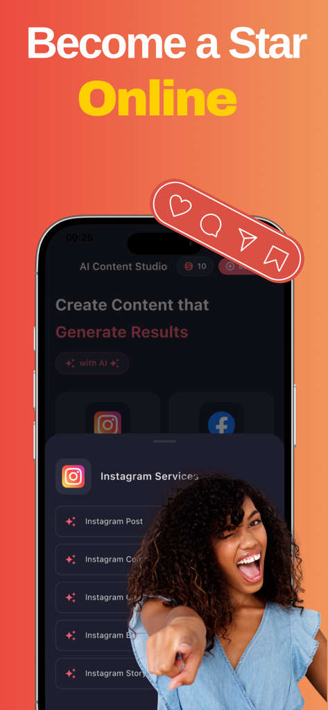 Real Followers and Likes - Oberfläche der App Echte Follower und Likes, die Instagram-Dienste und KI-Content-Erstellungstools für Social-Media-Wachstum zeigt.