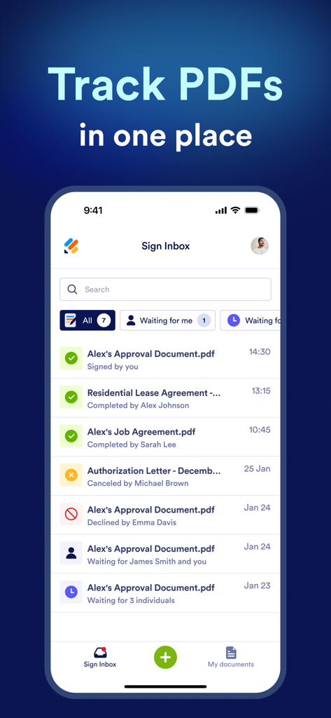 Jotform Sign mobile app interface showing a list of PDF documents with real time signing status in the inbox