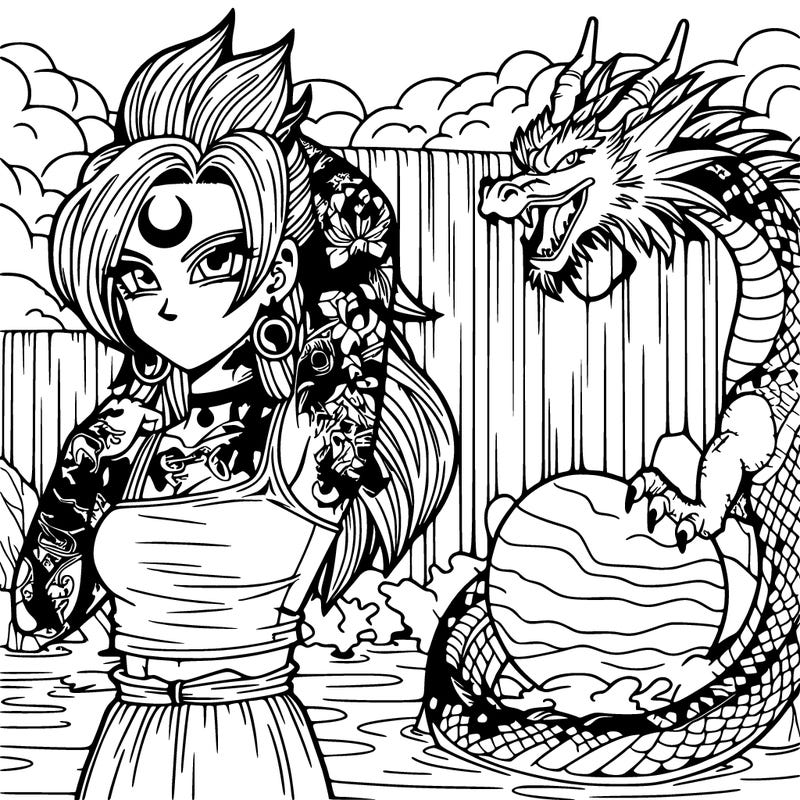 dbz anime beautiful punk woman with crescent moon tattoo on forehead with long hair and large water dragon pet, next to waterfall