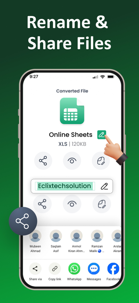 Image to Excel Converter－XLSX - Interfaz móvil para renombrar y compartir hojas de cálculo de Excel convertidas