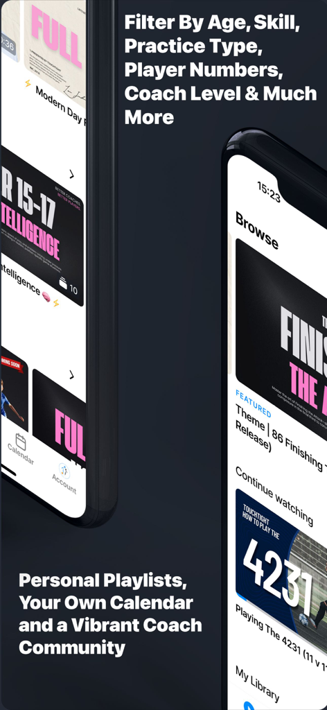 Touchtight Soccer Training app interface displaying coaching session filters and personalized training playlists