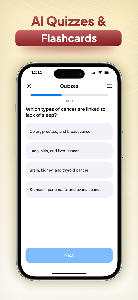 AI Note Taker - Smart Note - Interface of the AI Note Taker app showing an AI-generated multiple choice quiz on an iPhone screen.