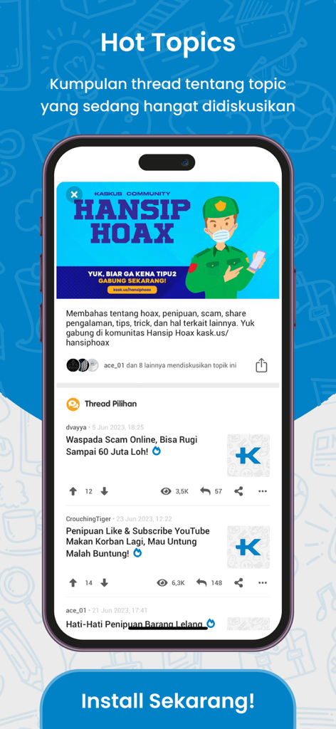 KASKUS Forum: Hobi & Komunitas - Interface of the KASKUS Forum app showing a Hot Topics feed with community threads discussing online scams and hoax warnings