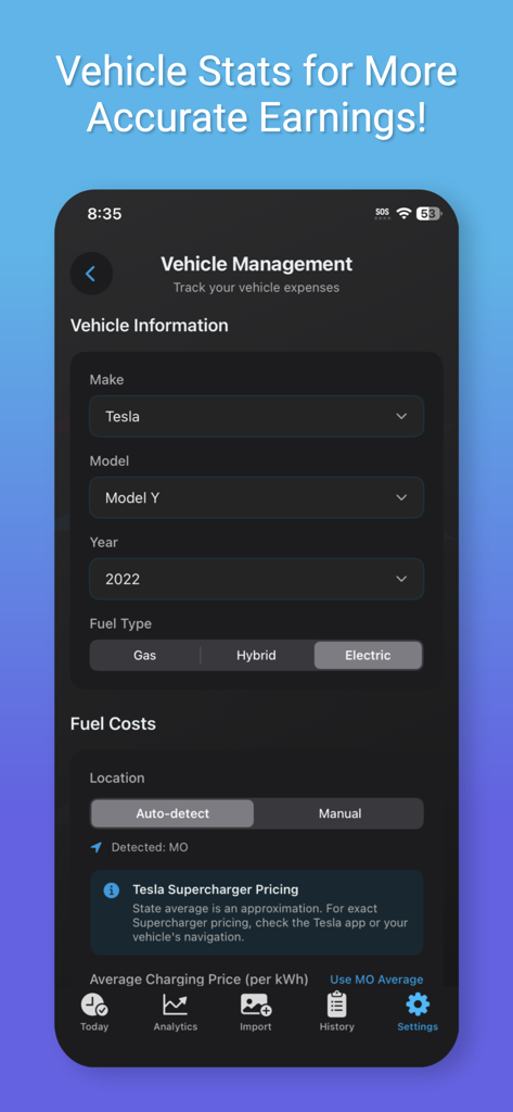 Revealed plus app vehicle management screen for tracking rideshare expenses