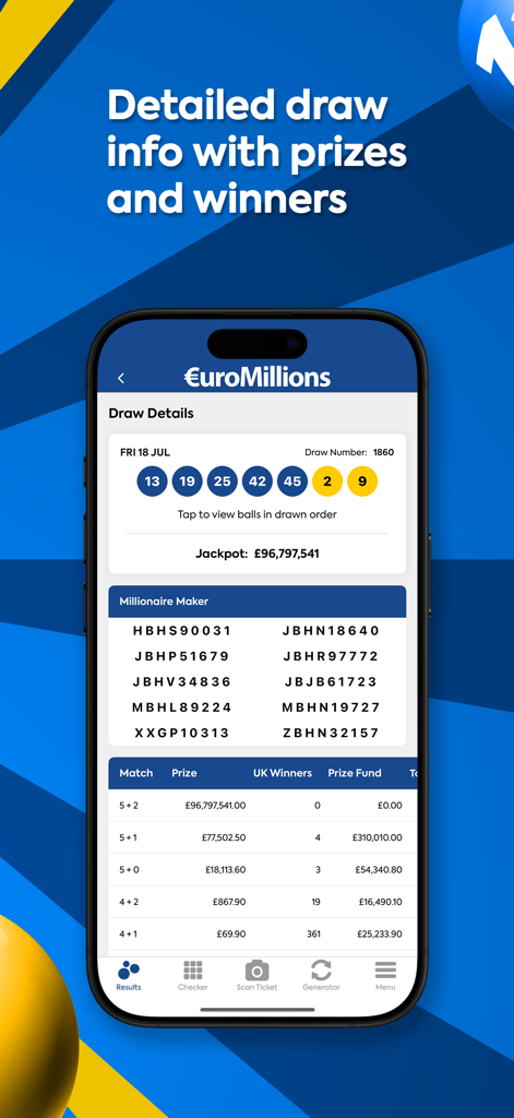 EuroMillions - Capture d'écran de l'application EuroMillions montrant les résultats détaillés du tirage de loterie, y compris les numéros gagnants et les détails des prix