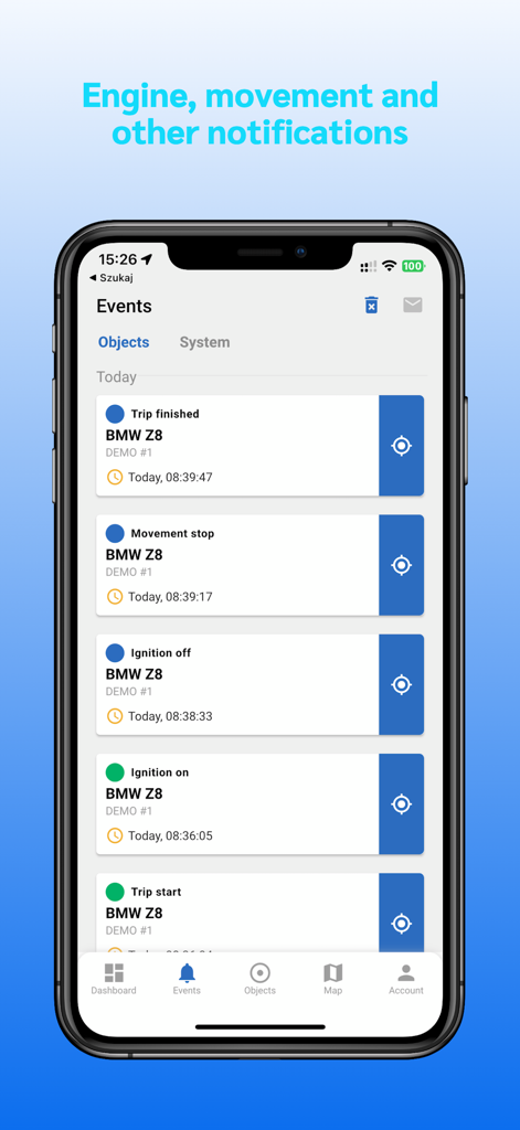 Floomli GPS for Teltonika - Floomli GPS-App zeigt eine Liste von Fahrzeughistorien-Benachrichtigungen an, einschließlich Zündungs- und Bewegungsstatus.