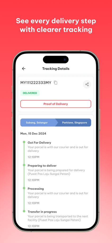 Pos Malaysia - Pos Malaysiaアプリのインターフェース。詳細な小包追跡ステップと配送状況が表示されています。