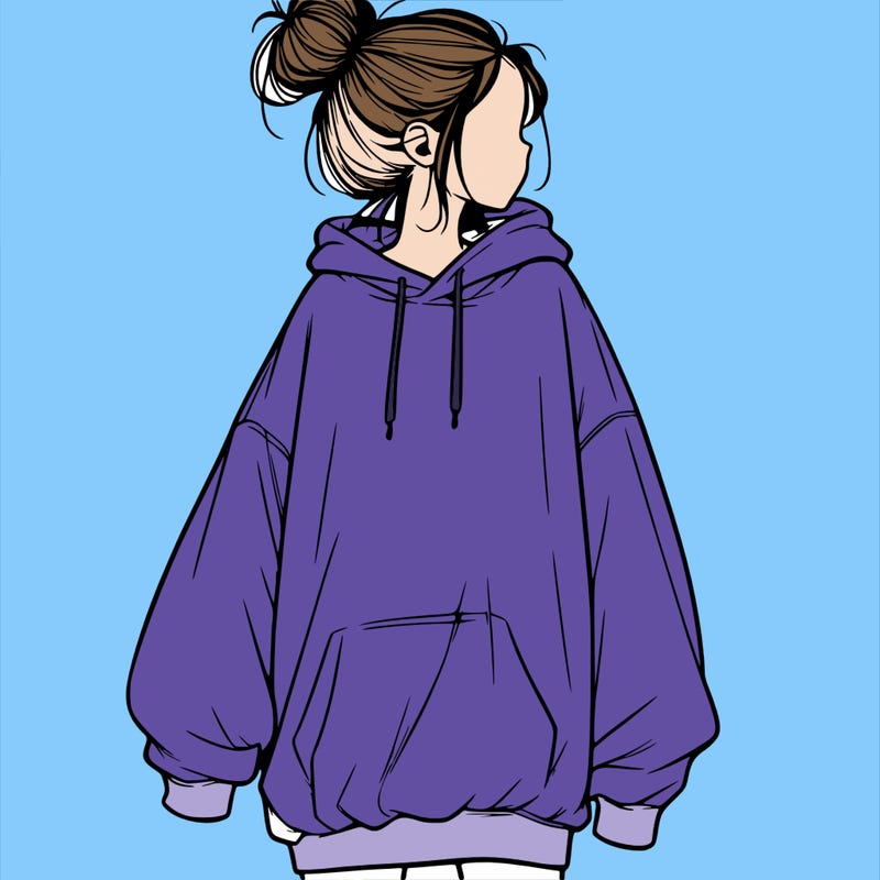 realistic girl with a oversized sweatshirt on and a bun