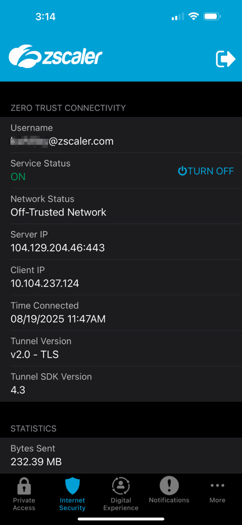 Interface da aplicação Zscaler Client Connector que mostra o estado de conectividade zero trust ativo e detalhes da rede.