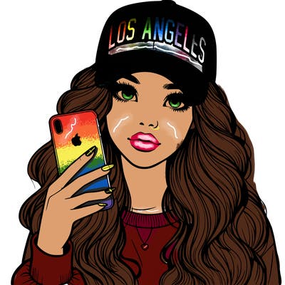 realistic beautiful girl wearing los ángeles cap holding an iphone
