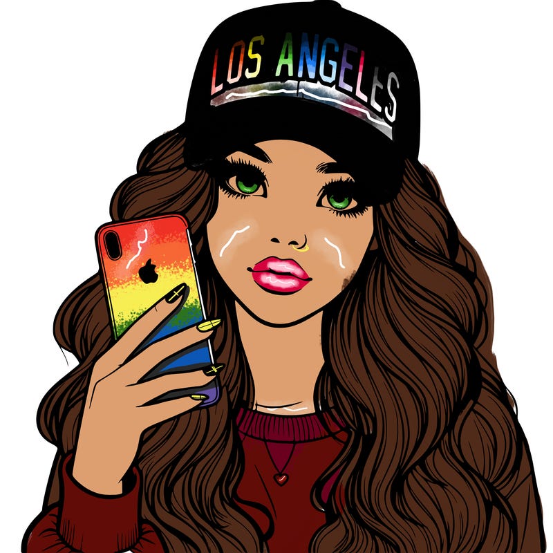 realistic beautiful girl wearing los ángeles cap holding an iphone