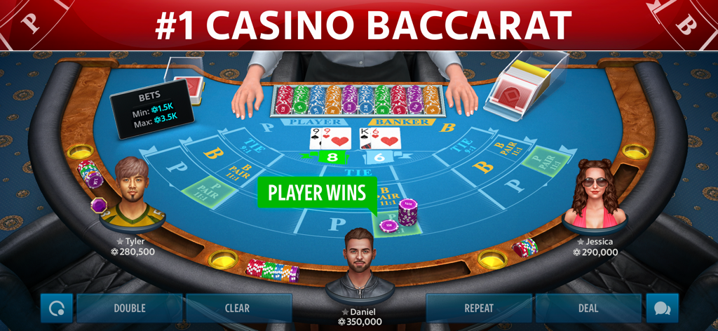 Baccarat online: Baccarist - Una mesa de juego de baccarat 3D con tres jugadores y una notificación de victoria del jugador