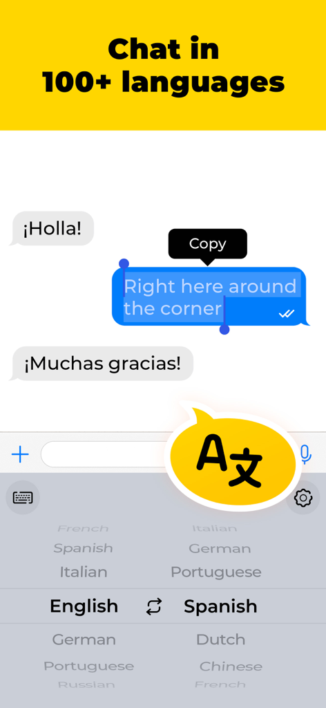 TypeOn: Ai Keyboard Translator - A mobile interface of TypeOn AI Keyboard showing real-time chat translation from English to Spanish