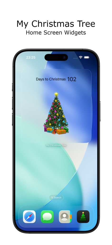 iPhone home screen featuring a decorated Christmas tree widget with a 102 day countdown