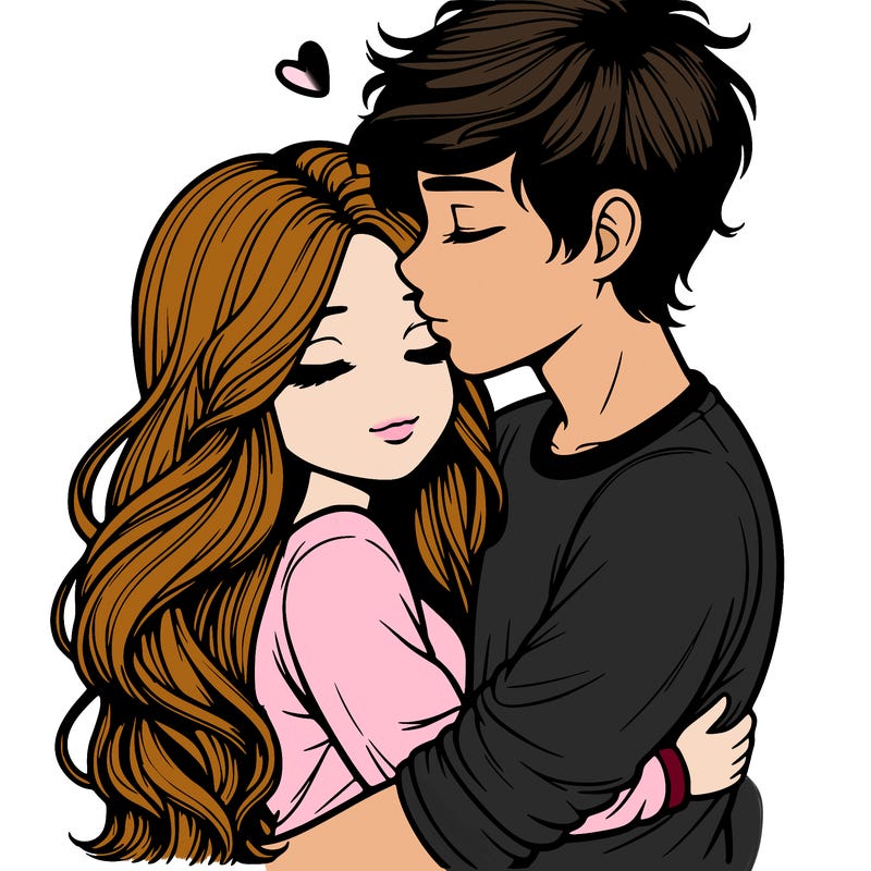 a realistic couple boy and girl hugging and kissing