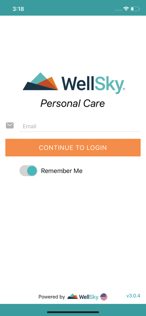 WellSky Personal Care app login screen with email entry and continue button