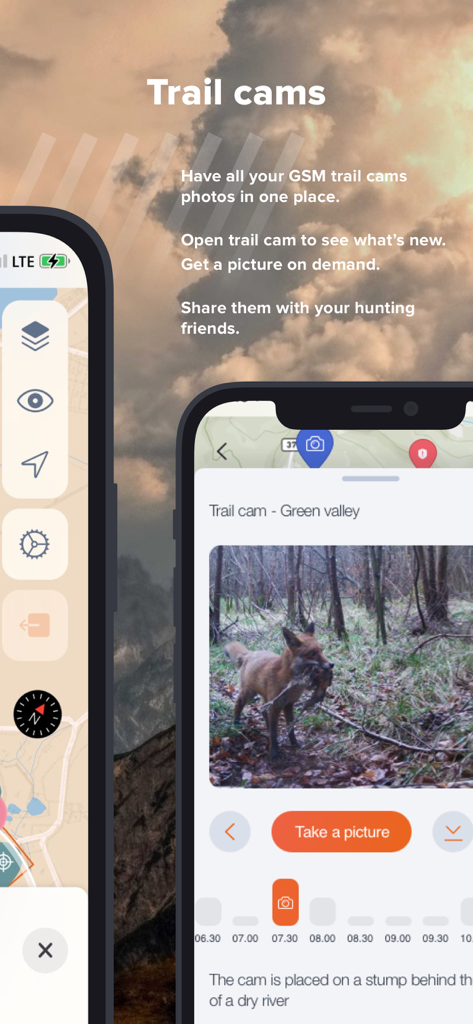 Hunterra: map&book your hunts - Hunterra app screen showing integrated trail camera photos and remote management tools for hunting