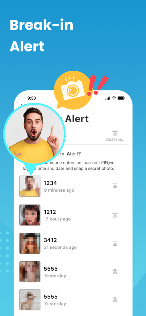 InCalc - Screenshot of the break in alert feature showing photos of intruders who entered the wrong PIN