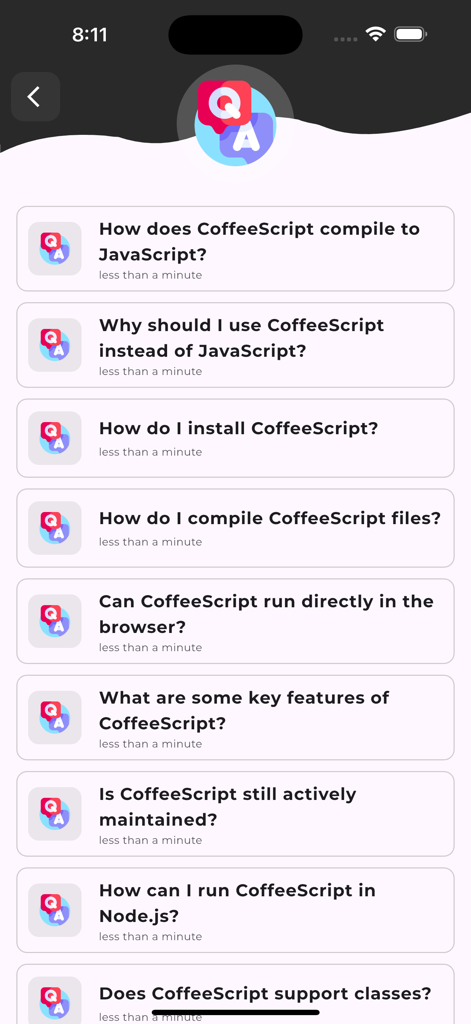 Learn CoffeeScript - A list of frequently asked interview questions and answers about CoffeeScript within the learning app interface.