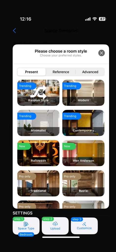 Space Remodel - A screen in the Space Remodel app showing a variety of interior design style options like Modern, Minimalist, and Contemporary for room transformation.
