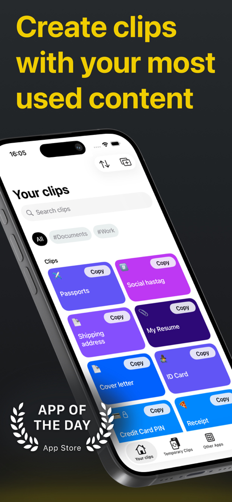 Clipboard PRO: Paste Anywhere - Clipboard PRO app interface showing organized clips for documents and text on an iPhone